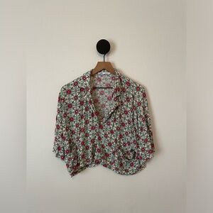ZARA Red and Green Floral Geometric Print Short Sleeve Shirt Small
